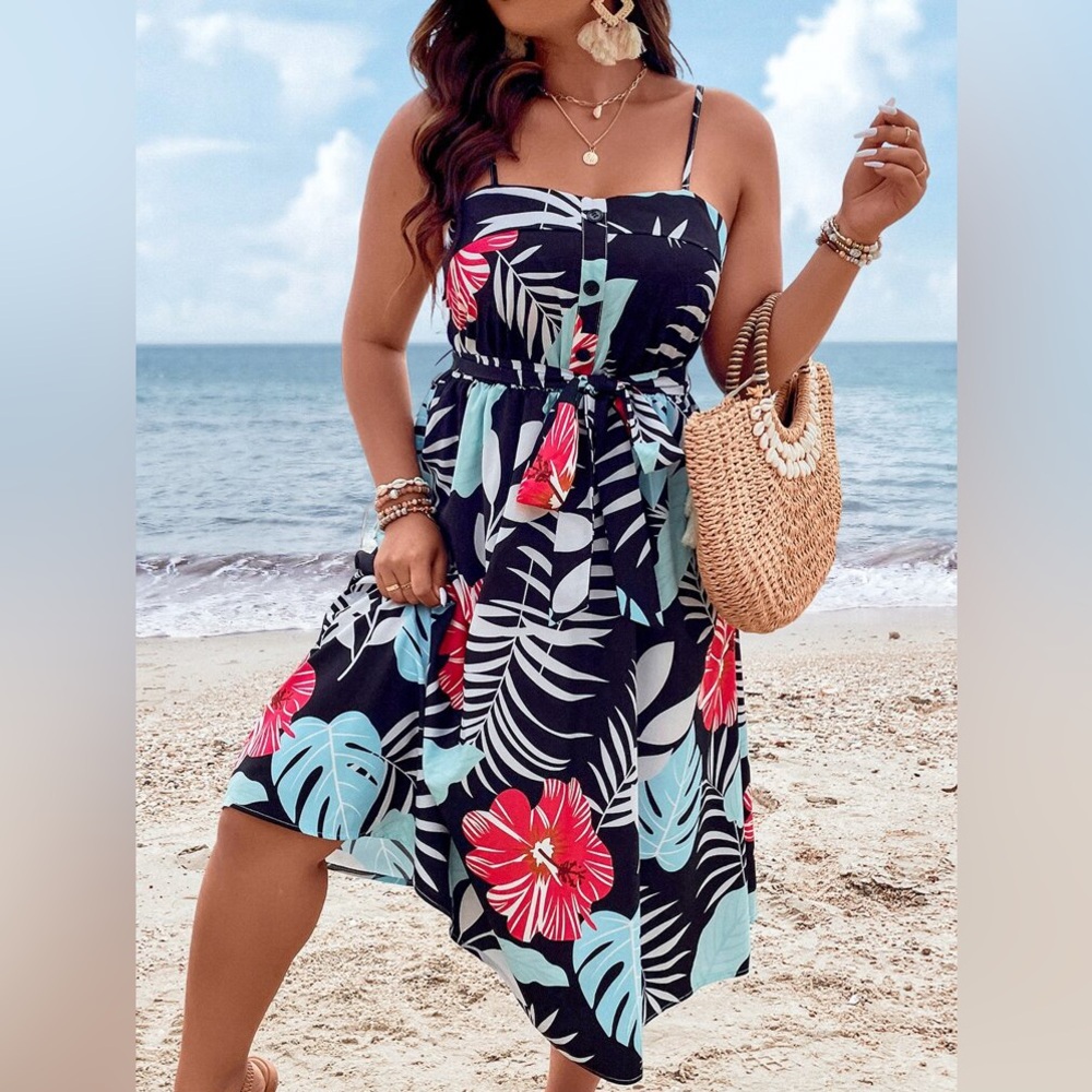 Floral Tropical Spaghetti-Strap Swim Cover Dress - Black / Pink